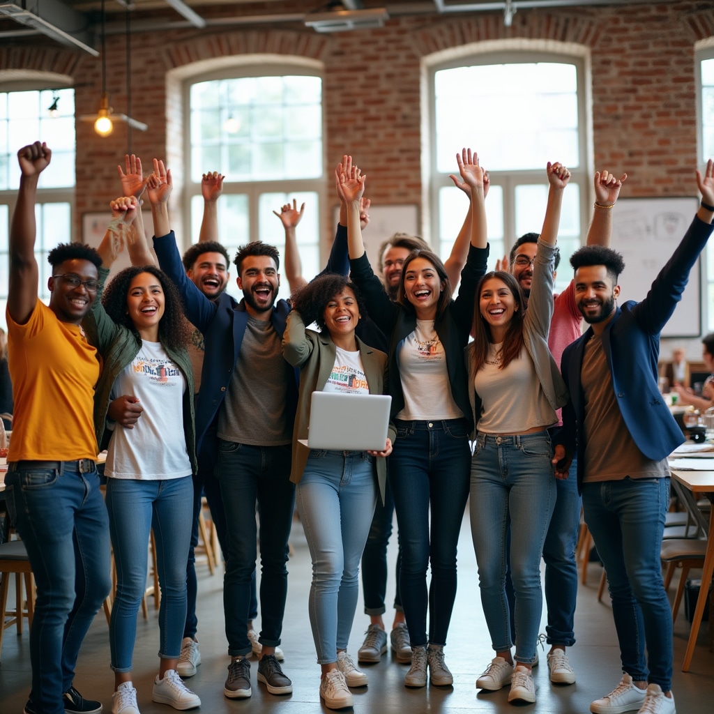 Diverse community members celebrating successful crowdfunding campaign together with enthusiasm