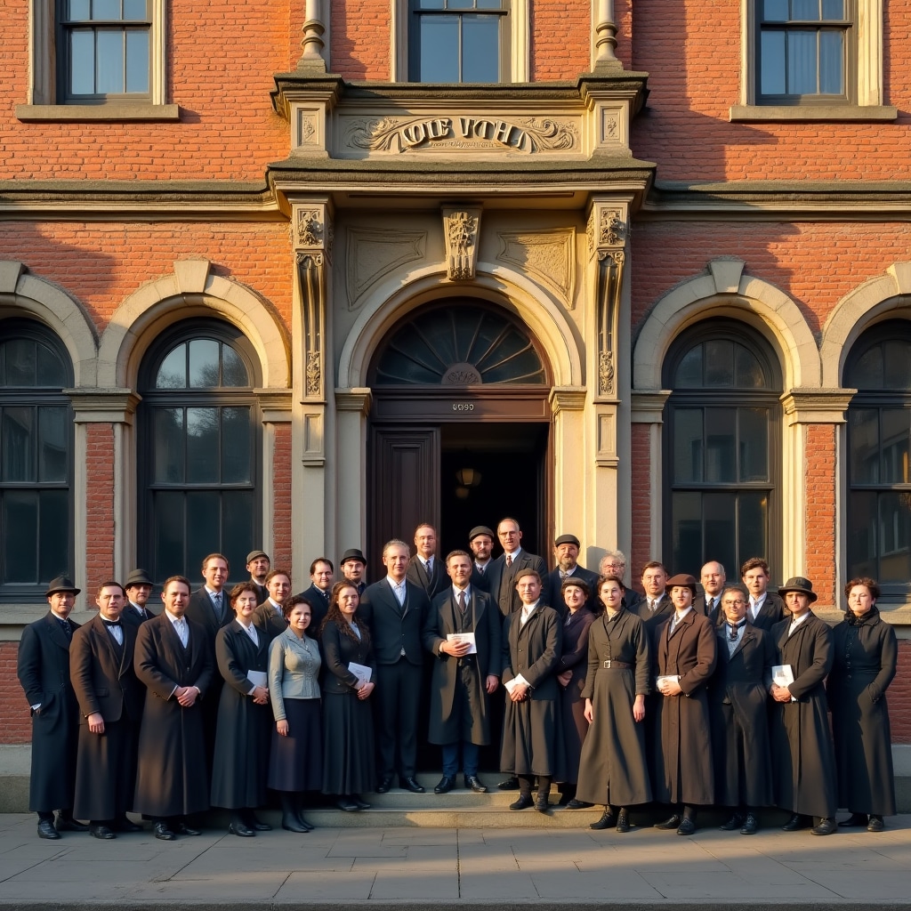 Victorian era cooperative society building with members gathered outside
