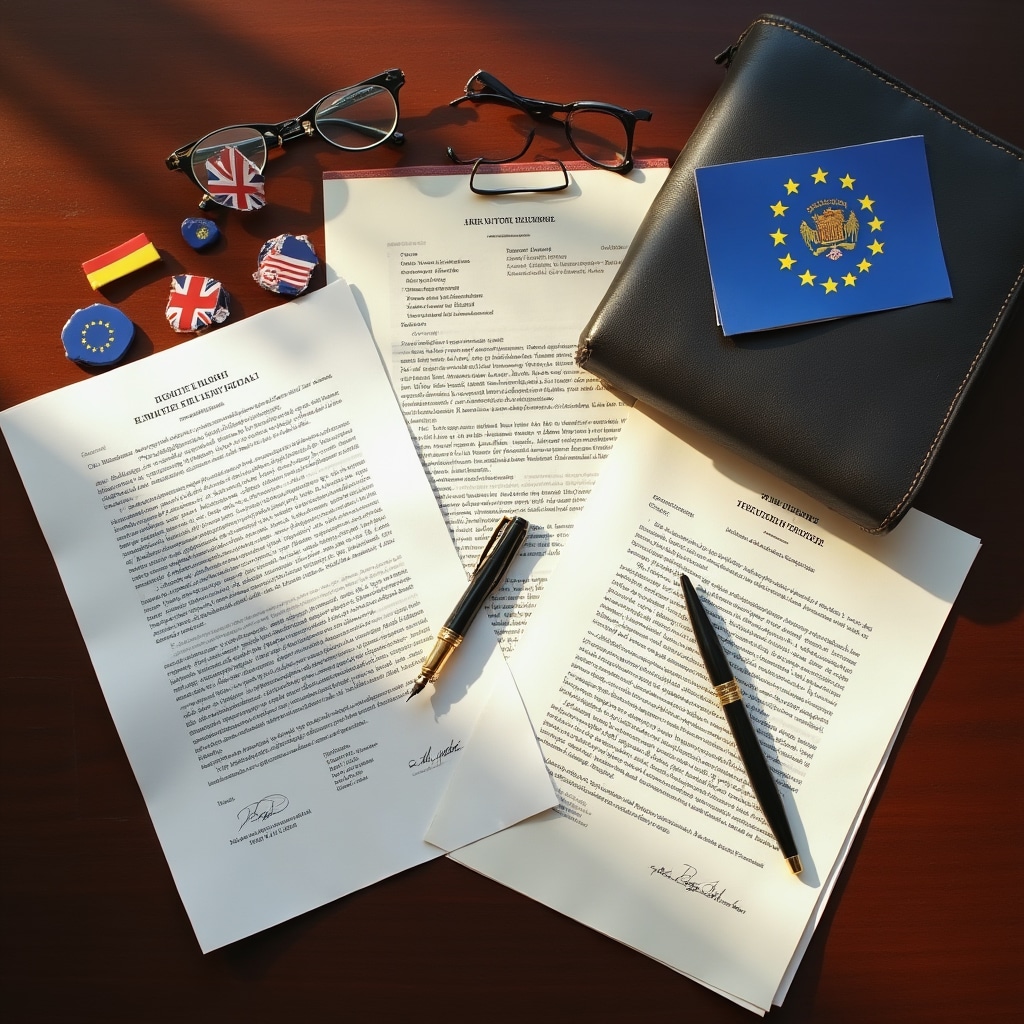 International regulatory documents and legal frameworks spread across desk with multiple country flags