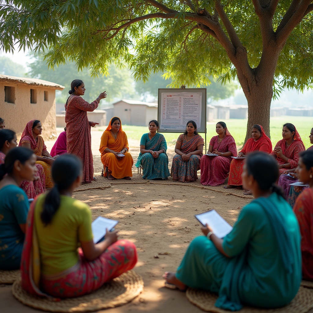 Community microfinance meeting in developing country with participants discussing loan opportunities