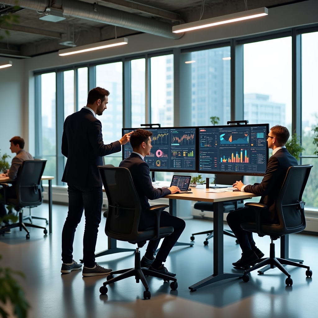 Modern fintech workspace with professionals analyzing crowdlending data on multiple screens